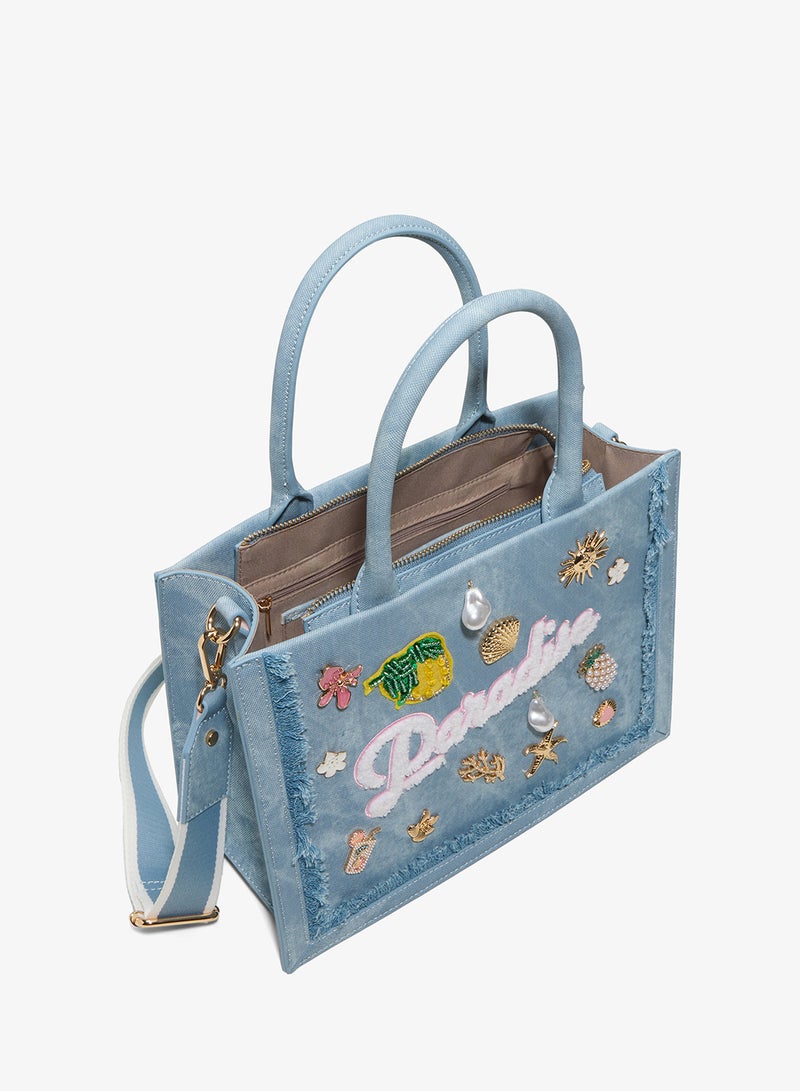 ALDO Paradise Embellished Denim Satchel Bag - Image 3
